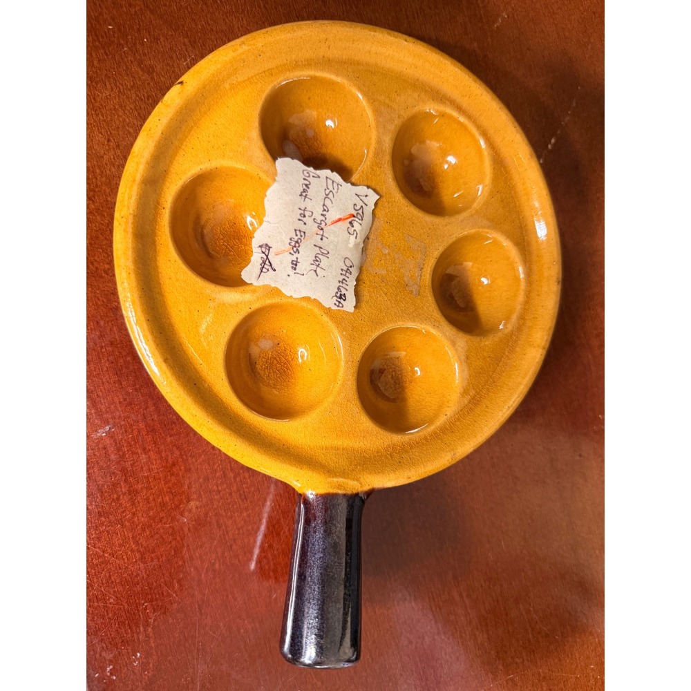 Vintage Ceramic Escargot Plate Mustard Yellow 6 Well Snail Dish with Handle - Picture 2 of 4